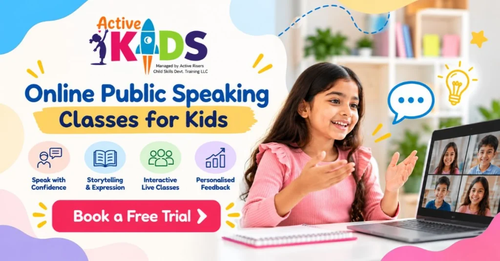 Active Kids Online public speaking classes for kids with interactive lessons and personalised feedback